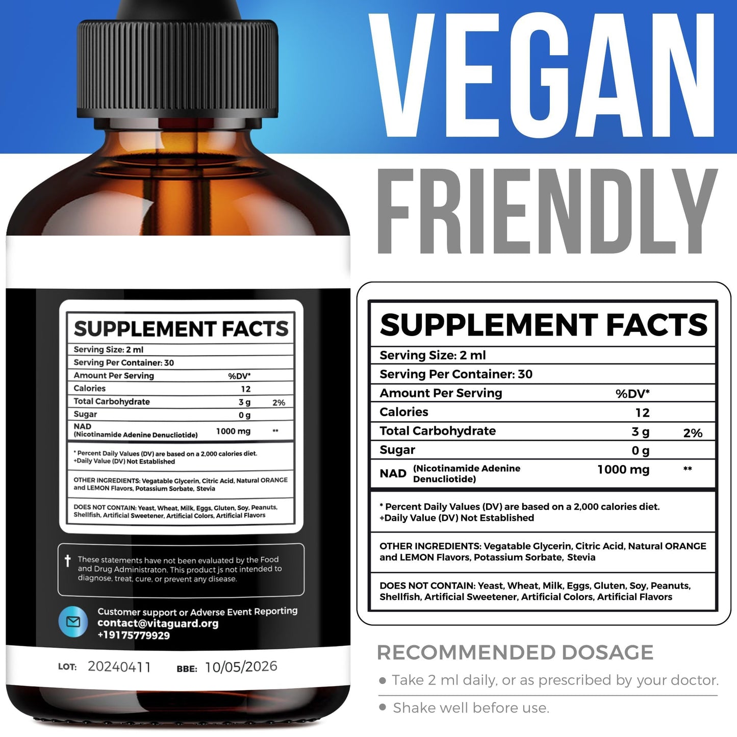 Vita Guard Pure NAD+ Supplements 1000mg Liquid Drops for Women & Man | Nicotinamide Adenine Similar to Nicotinamide Riboside NAD Plus Boosting Supplement - Natural Lemon & Orange Flavor - Maple Wellness Supplements