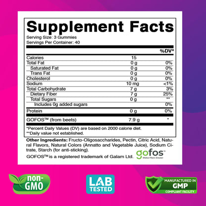 Vitabod Fiber Gummies 7G Per Serving for Digestive Health & Regularity, Prebiotic GOFOS™ Plant-Based Fiber, No Sugar Added, Vegan, Berry Peach Strawberry, 120 Gummies (Adults, Women & Men) - Maple Wellness Supplements