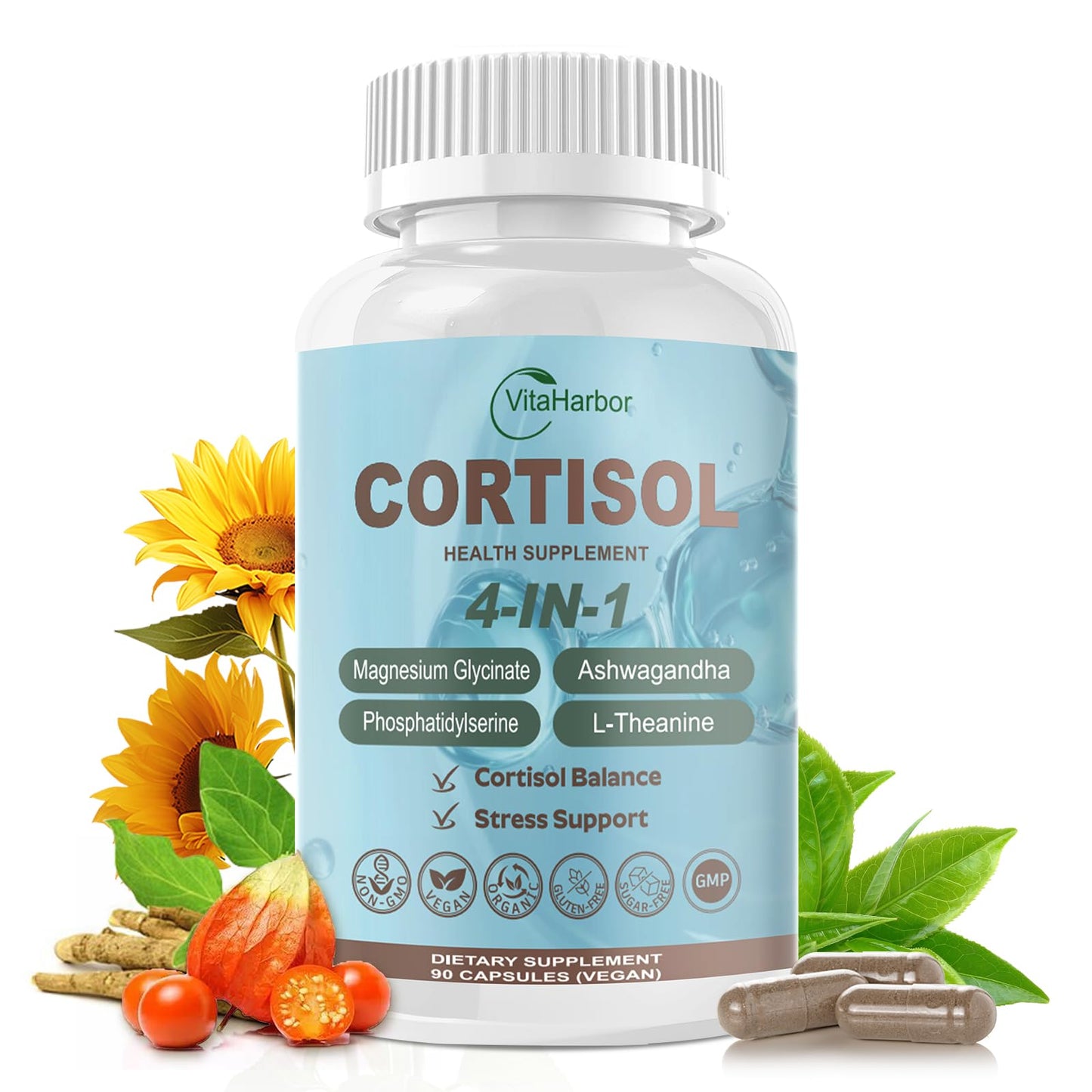 VitaHarbor Cortisol Supplement for Women and Men, 4-in-1 Cortisol Reducer with Magnesium Glycinate, Ashwagandha, Phosphatidylserine, L-Theanine, for Relaxation & Calm Support, 90 Veg Caps - Maple Wellness Supplements