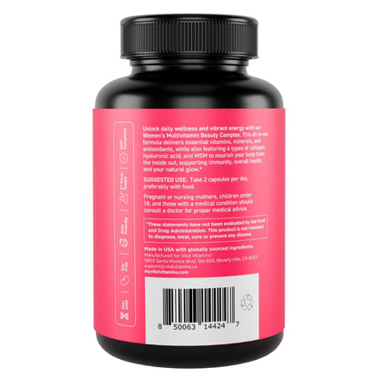 Vital Vitamins Women's Multivitamin Complex - Made with Multi-Collagen Blend, Hyaluronic Acid, & MSM - Beauty Multivitamins - with Vitamin A, C, E, B6, B12, D3-60 Capsules - Maple Wellness Supplements