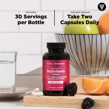 Vital Vitamins Women's Multivitamin Complex - Made with Multi-Collagen Blend, Hyaluronic Acid, & MSM - Beauty Multivitamins - with Vitamin A, C, E, B6, B12, D3-60 Capsules - Maple Wellness Supplements