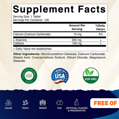 Vitamatic L-Theanine 200mg with Caffeine 100mg – 120 Vegetarian Tablets Nootropic Supplement for Focused Energy & Mental Clarity - Maple Wellness Supplements