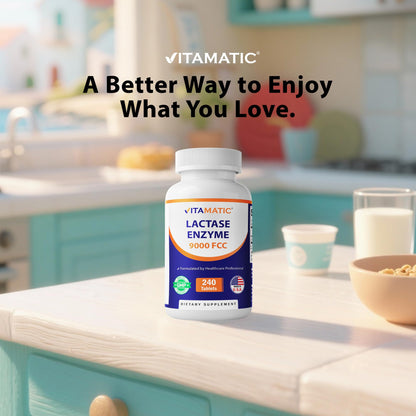 Vitamatic Lactase Enzyme 9000 FCC 240 Tablets - Lactose Intolerance Relief Caplets - Maple Wellness Supplements