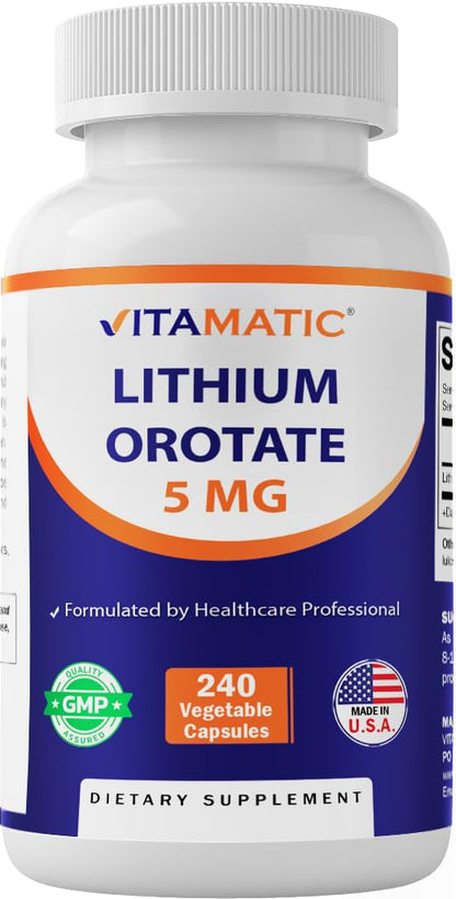 Vitamatic Lithium Orotate 5mg, 240 Veggie Capsules, Non-GMO, Gluten Free. - Maple Wellness Supplements