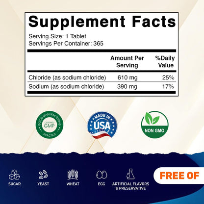 Vitamatic Sodium Chloride 1000mg – 365 Tablets Electrolyte Replenisher & Hydration Support – Non-GMO, Gluten-Free - Maple Wellness Supplements