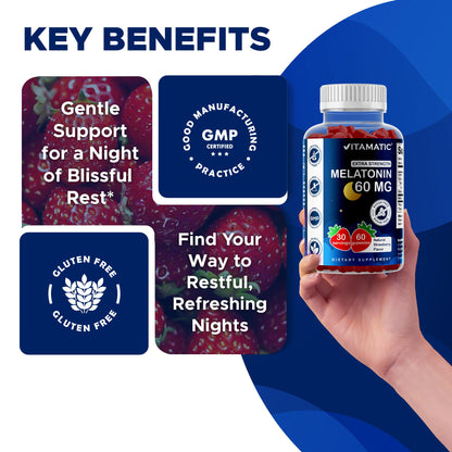 Vitamatic Sugar Free Melatonin 60 mg - 60 Vegetarian Gummies - Non-Habit Forming Supplement - Maple Wellness Supplements