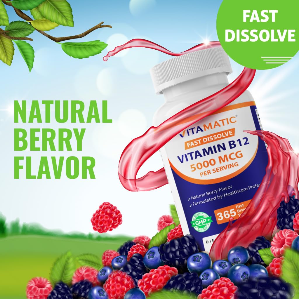 Vitamatic Vitamin B12 5000 mcg – 365 Fast Dissolve Tablets Berry Flavor – Supports Energy Production & Nervous System Health - Maple Wellness Supplements