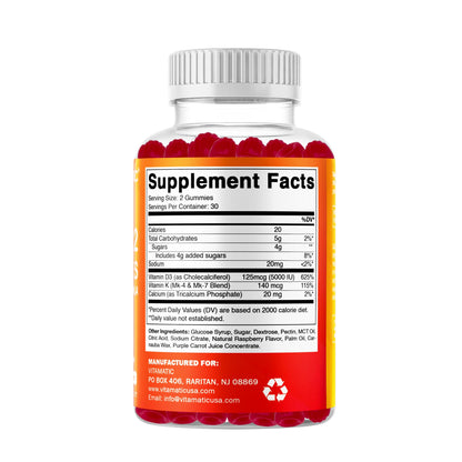 Vitamatic Vitamin D3 & K2 Gummies (2-Pack, 60 Count) Supports Healthy Bones, Heart Health, Calcium Absorption, - Maple Wellness Supplements