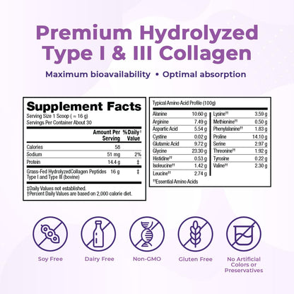 VitaMedica Collagen Peptides Powder for Women & Men - Healthy Hair, Skin, Nails, Bones and Joints - Hydrolyzed Types I & III, Grass-Fed, Pasture-Raised Protein, Zero Sugar - 30 Servings - Maple Wellness Supplements