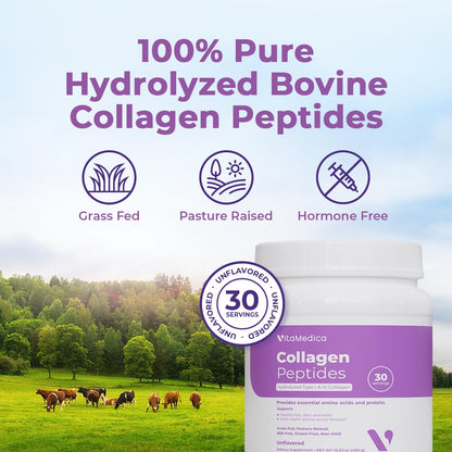 VitaMedica Collagen Peptides Powder for Women & Men - Healthy Hair, Skin, Nails, Bones and Joints - Hydrolyzed Types I & III, Grass-Fed, Pasture-Raised Protein, Zero Sugar - 30 Servings - Maple Wellness Supplements