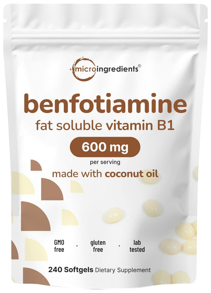 Vitamin B1 Benfotiamine 600mg Per Serving, 240 Coconut Oil Softgels | Bioavailable B Vitamins Supplement, Converted to Active Thiamine | Non-GMO, Soy Free - Maple Wellness Supplements
