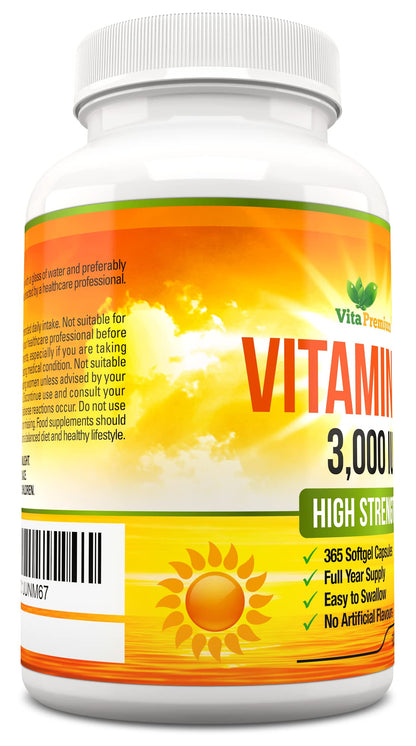 Vitamin D 3,000 IU, High Strength Vitamin D3 Supplement, 365 Easy to Swallow Softgels - Maple Wellness Supplements