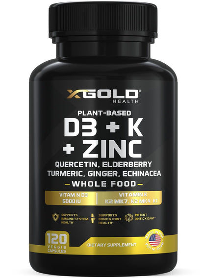 Vitamin D, K2, K1, Zinc, Quercetin, Elderberry, Turmeric, Ginger & Echinacea Whole Food Supplement 8 in 1- D3 5000 IU Plant-Based from Lichen, Vitamin K (K2 MK7, MK4, K1) - Maple Wellness Supplements