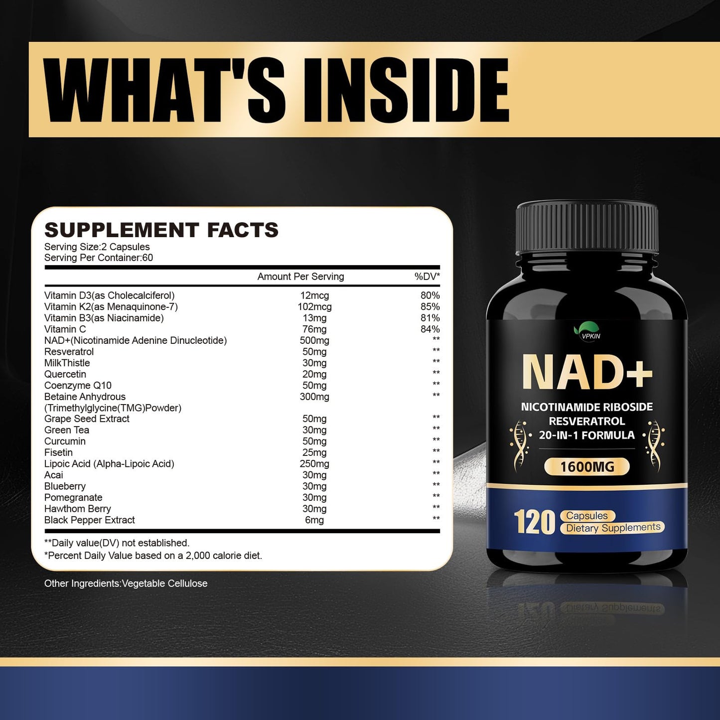 VPKIN NAD Supplement,1500mg NAD+ Supplement with Resveratrol,Nicotinamide,Quercetin,CoQ10,Support Energy & Repair, Vitality,Non-GMO, No Fillers(120 Capsules) - Maple Wellness Supplements