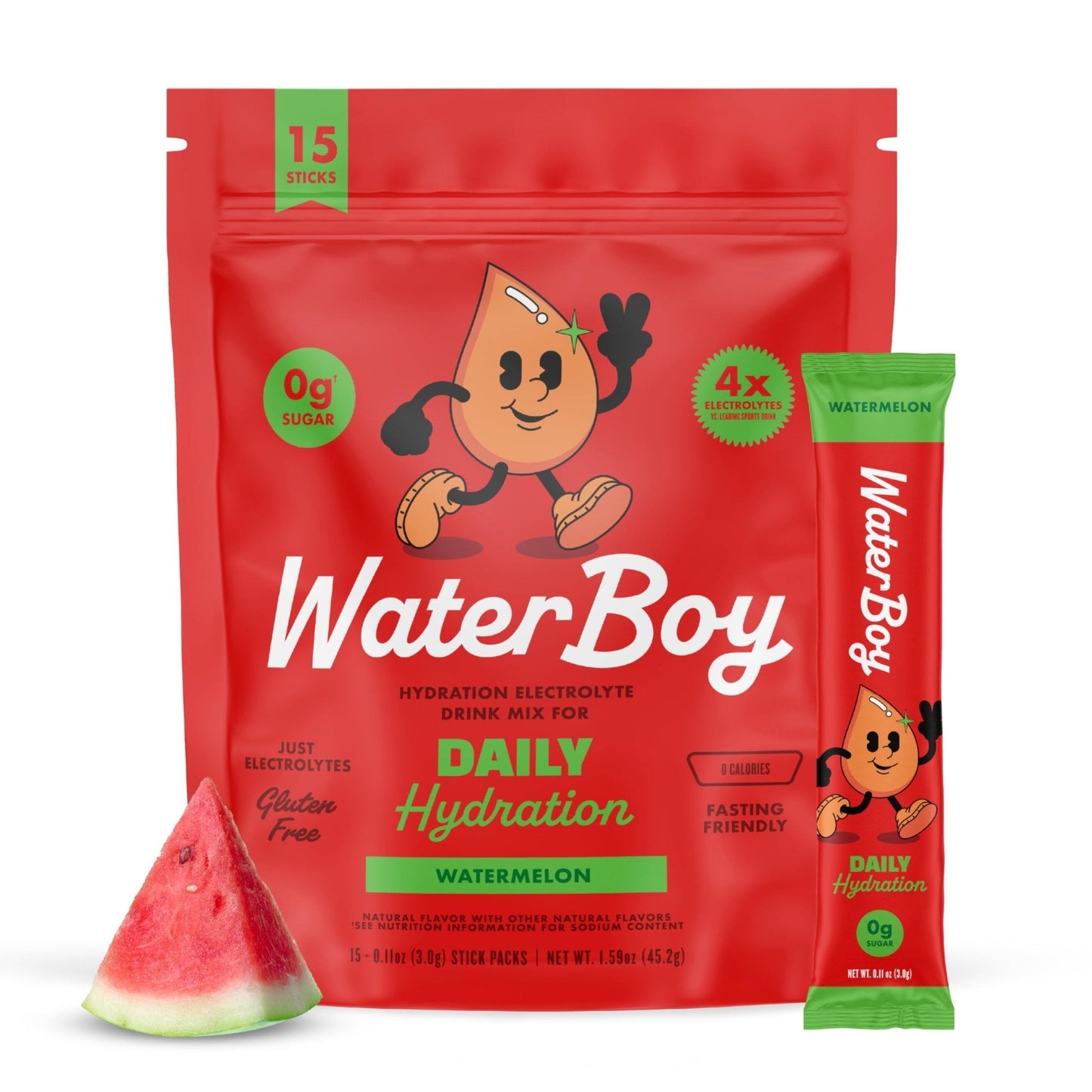 Waterboy Daily Hydration | 1,570mg Electrolyte Powder Packets | No Sugar, All Natural, Gluten Free, Zero Calories | 15 Drink Stick Mixes (Watermelon) - Maple Wellness Supplements