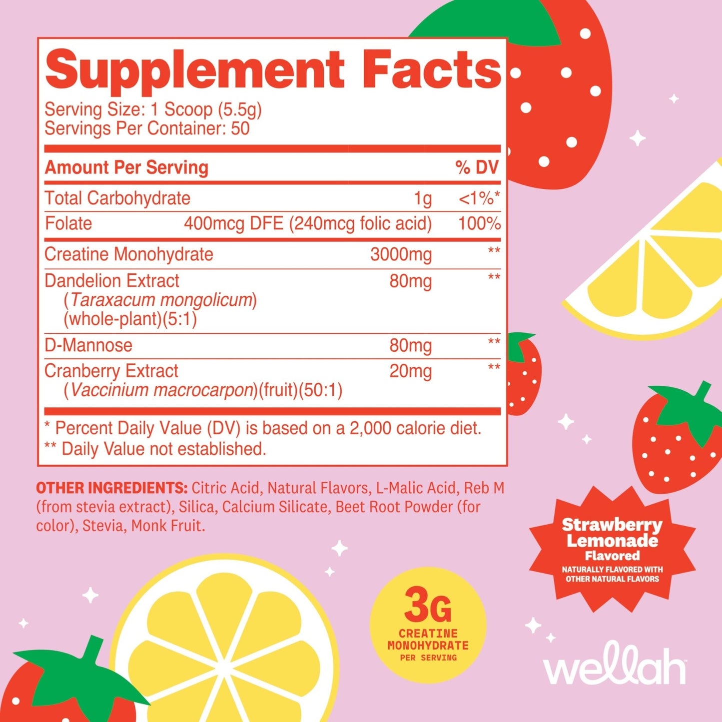 Wellah Creatine for Women - Creatine Monohydrate with Dandelion & Cranberry Extract (50 Servings, Strawberry Lemonade) - Maple Wellness Supplements