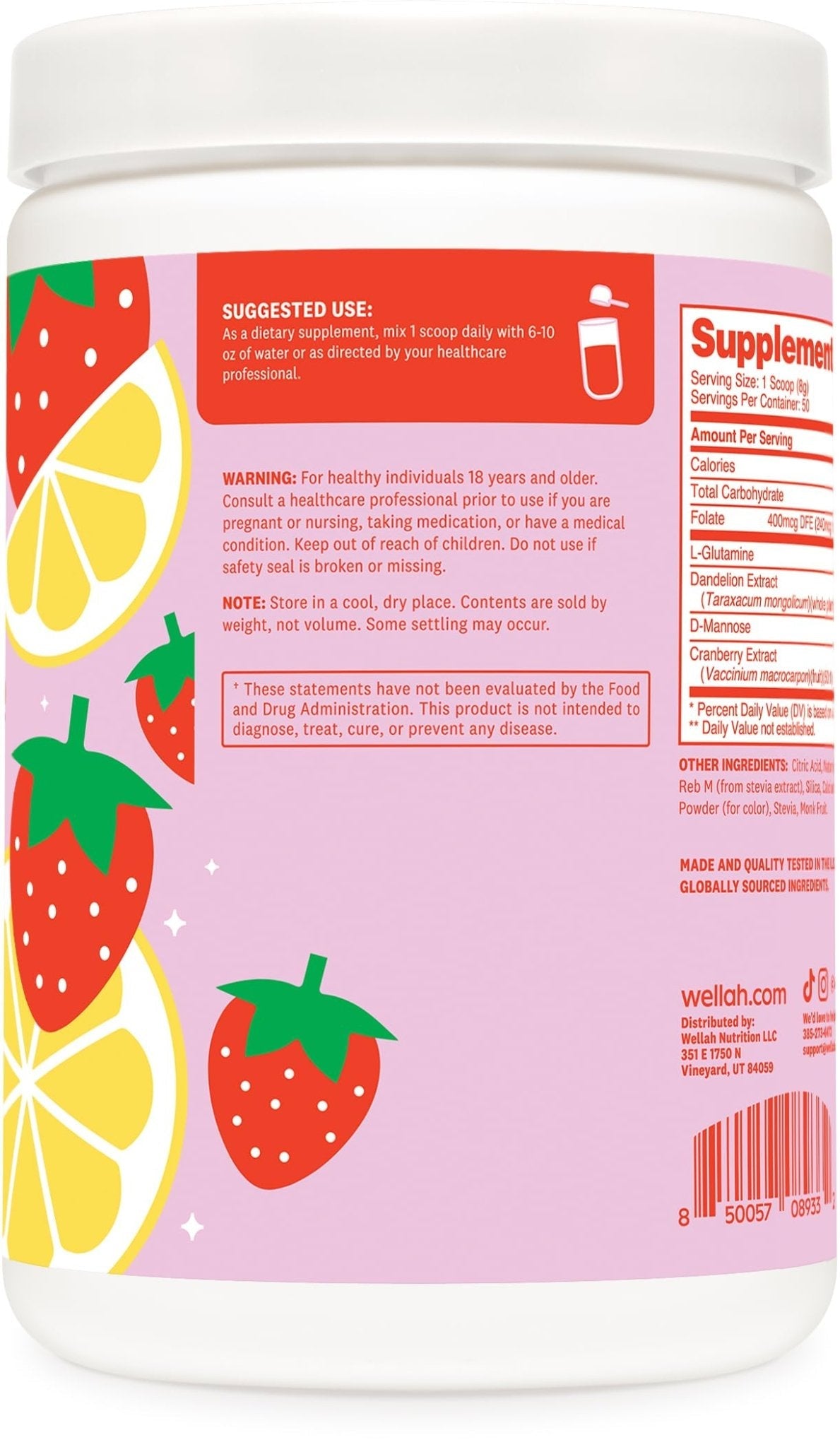 Wellah L-Glutamine Strawberry Lemonade Flavored (50 Servings) - 5g L-Glutamine Per Serving, Sweetened with Stevia - Maple Wellness Supplements