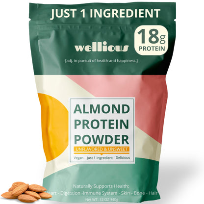 wellious Almond Protein Powder (Unflavored, Unsweetened) - 18 Grams of Pure Healthiest Vegan Protein for Women & Men | Soy-Free & Gut Friendly Protein - Maple Wellness Supplements