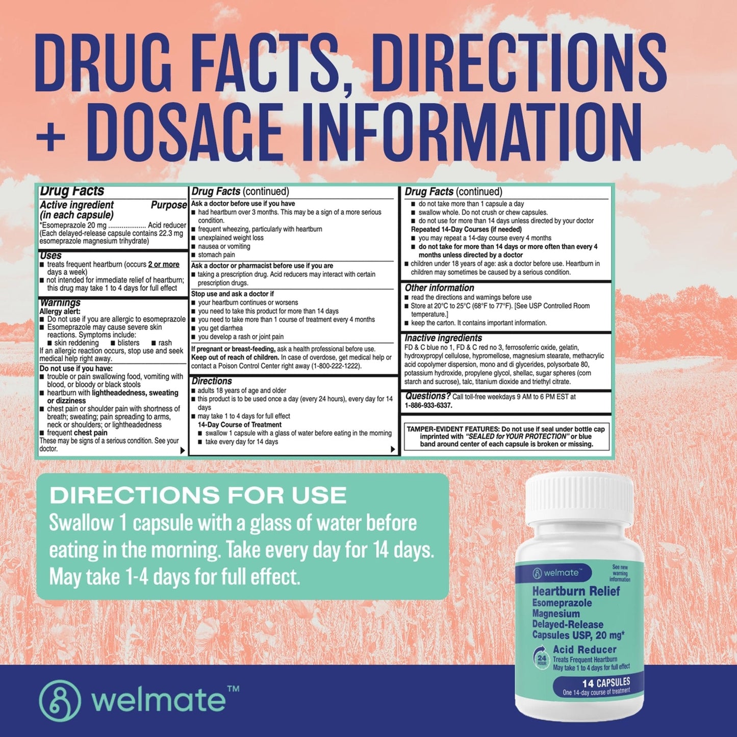WELMATE Esomeprazole Magnesium 20mg Delayed Release Capsules, 84 Count (2-Pack) – Acid Reducer for Frequent Heartburn & Acid Reflux Relief, 24HR Protection, Digestion Support - Maple Wellness Supplements