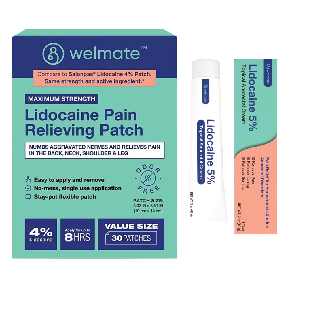 WELMATE Ultimate Pain Relief Duo: 4% Lidocaine Numbing Patch (30 Ct) & 5% Lidocaine Cream (2 Oz) | Maximum Strength Topical Analgesic Kit - Maple Wellness Supplements
