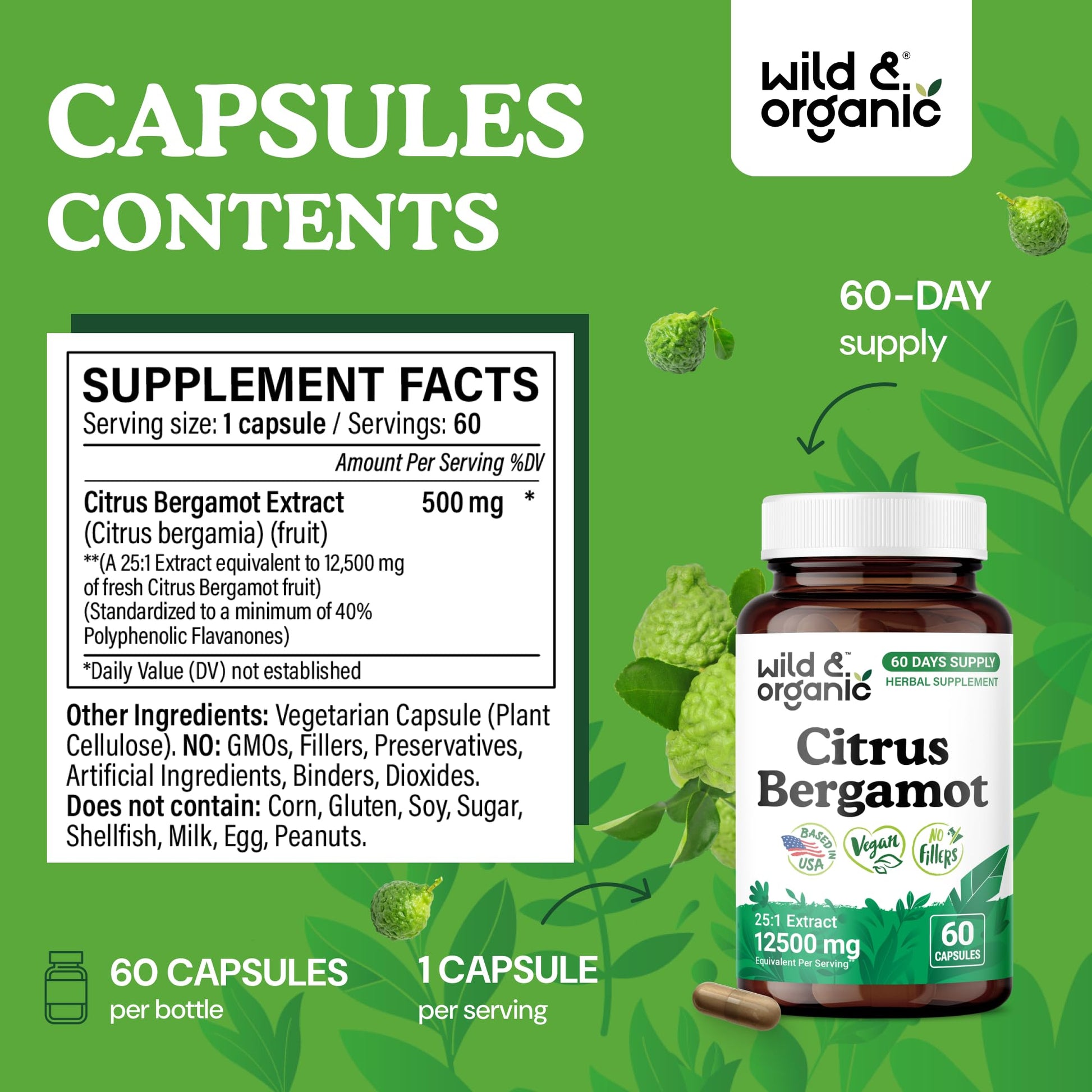 Wild & Organic Citrus Bergamot Capsules - Antioxidant & Overall Support - Citrus Bergamot Extract Capsules - Bergamia Fruit Powder Supplement - Maple Wellness Supplements