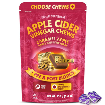 YouChews Apple Cider Vinegar Chews Better Than Apple Cider Gummies - Bloating Relief for Women and Men, 500mg Organic ACV with Prebiotics & Postbiotics, Low Sugar, Caramel Flavor, 30 Count - Maple Wellness Supplements