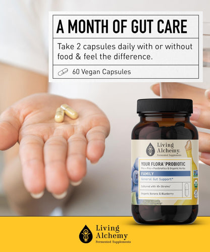 Your Flora Probiotic Family – Non-GMO Probiotics with Fermented Soybean, Banana, & Blueberry for Digestion & Gut Support – Prebiotics, Postbiotics, Digestive Enzymes – Living Alchemy, 60 Capsules - Maple Wellness Supplements