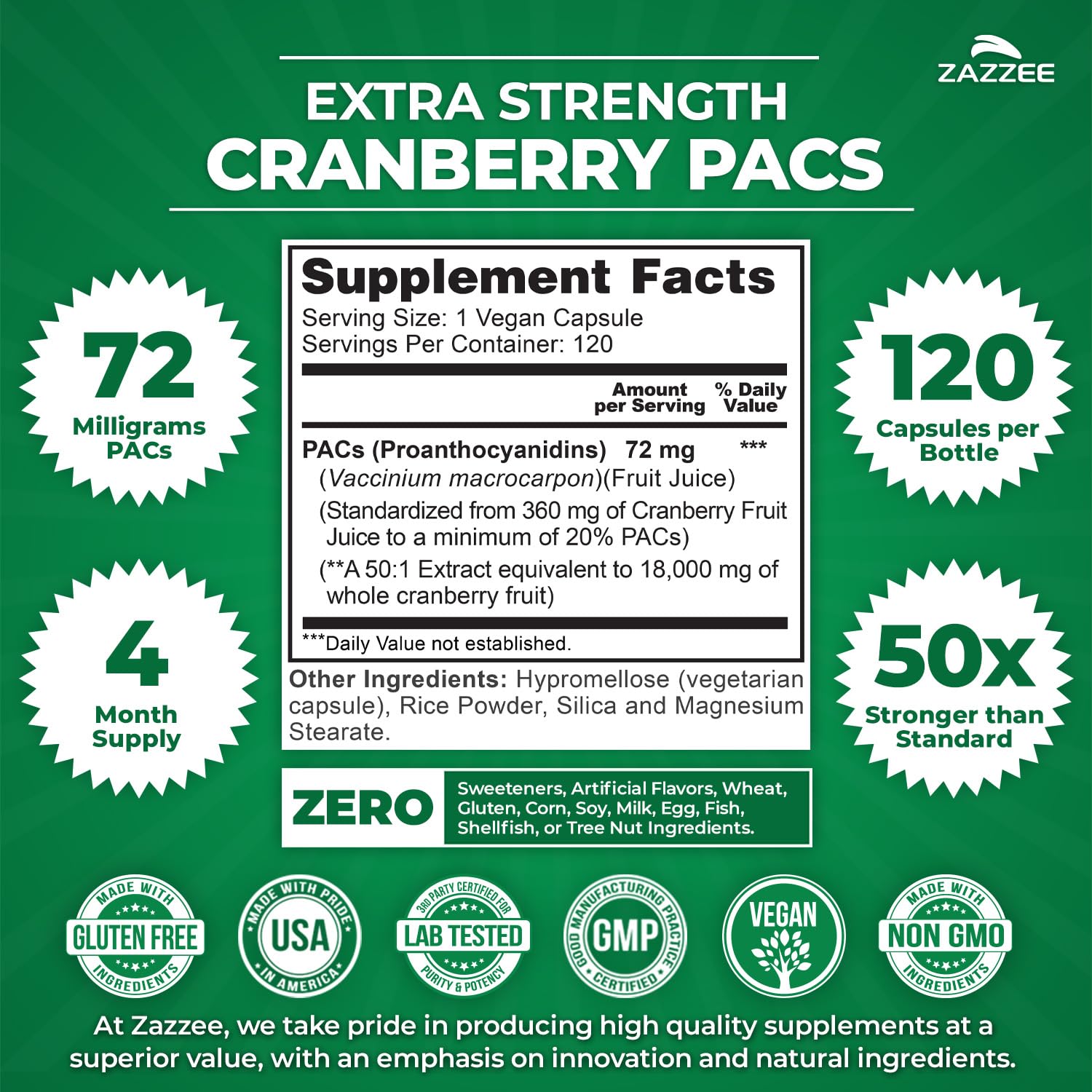 Zazzee Cranberry PACs 72 mg per Capsule, 50:1 Extract, 120 Vegan Capsules, 2X Strength, 4 Month Supply, Fast-Acting, Effective Urinary Tract & Bladder Support - Maple Wellness Supplements