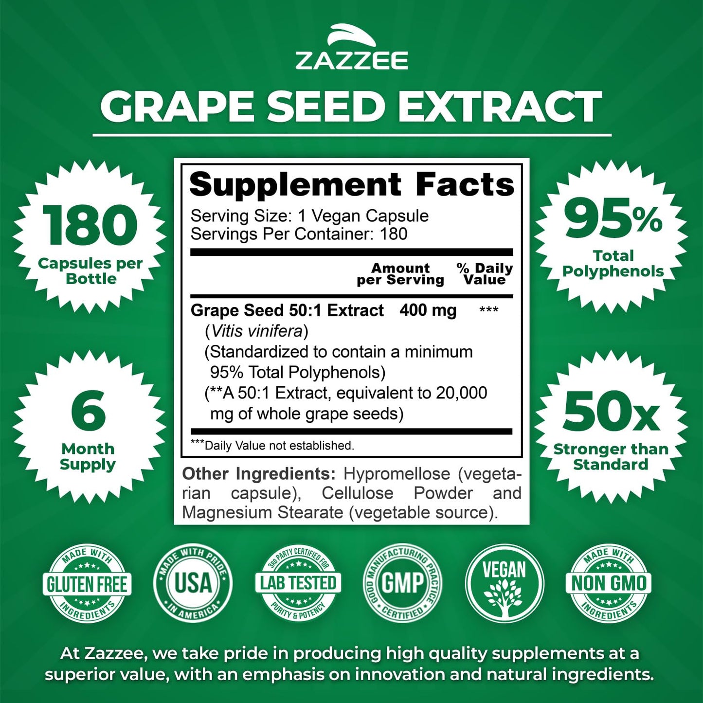 Zazzee High Strength Grape Seed 50:1 Extract, 180 Vegan Capsules, 95% Polyphenols, 400 mg per Capsule, 6 Month Supply, Antioxidant - Maple Wellness Supplements
