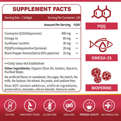ZEBORA CoQ10-400mg-Softgels with PQQ, BioPerine & Omega-3, Coenzyme Q10(Ubiquinone) Supplement for High-Absorption, Powerful-Antioxidant - Maple Wellness Supplements