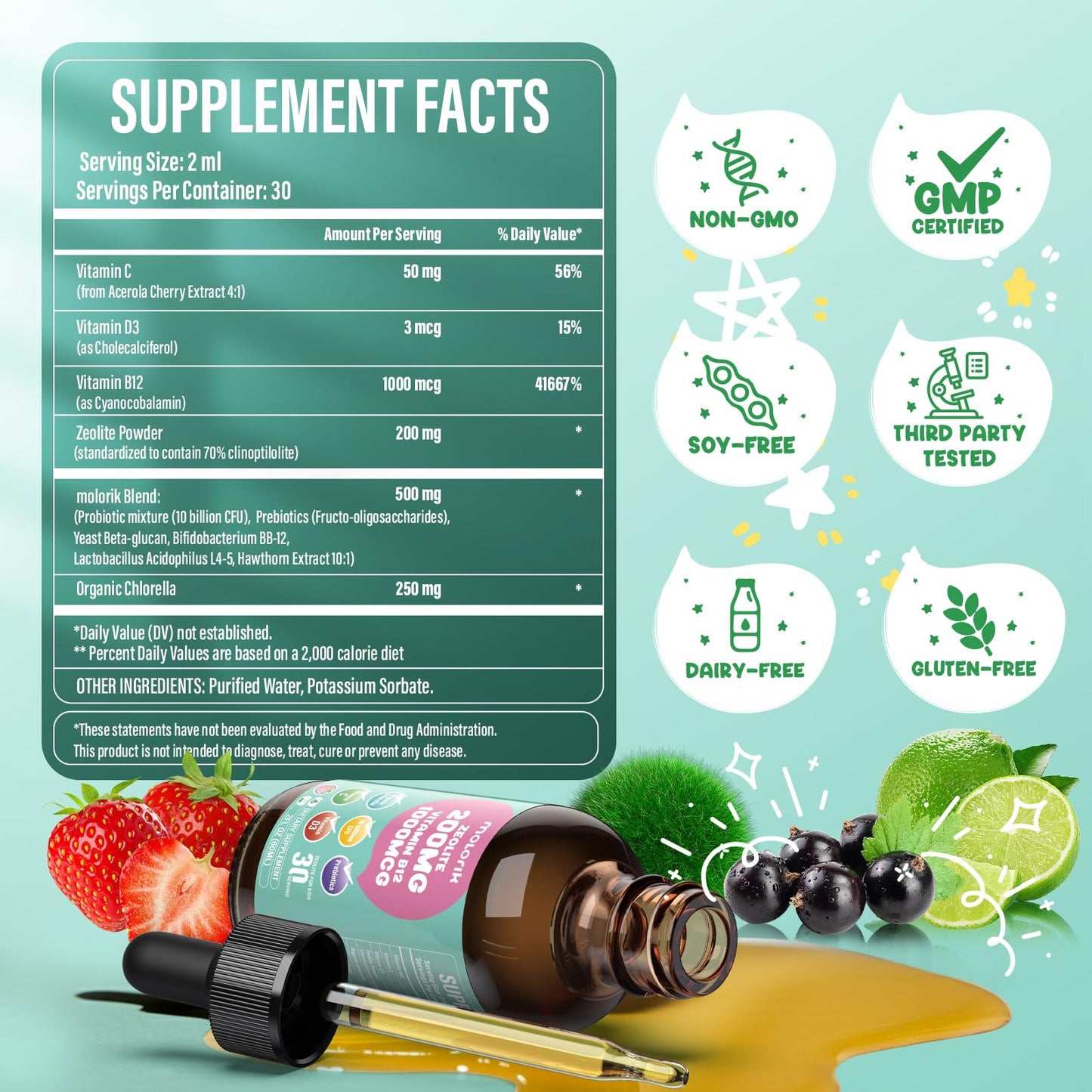Zeolite Detox for Kids and Adults, 200mg Zeolite Liquid Drops with 1000mcg Vitamin B12, Organic Chlorella, 10 billion CFU & Prebiotics for Gut Support & Speech, Immune, Bone, Energy*, Strawberry, 60ML - Maple Wellness Supplements