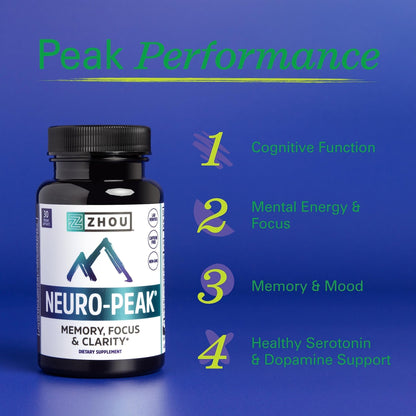 Zhou Neuro-Peak - Brain Supplements for Memory and Focus, Nootropic for Men & Women, Brain Support Pill for Adults, Brain Vitamins - 30 Veggie Capsules (Pack of 1) - Maple Wellness Supplements