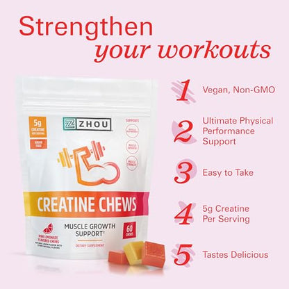 Zhou Nutrition Creatine Monohydrate Chewables 5g for Men & Women, Sugar Free - Maple Wellness Supplements