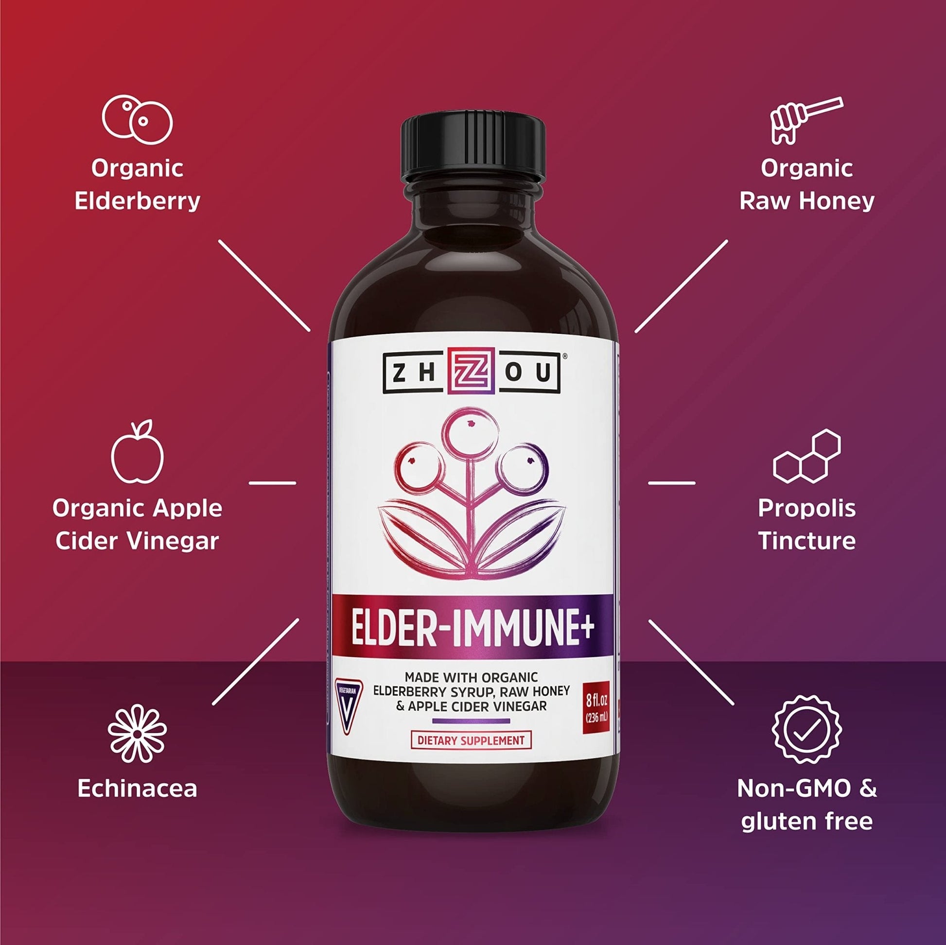 Zhou Nutrition Elderberry Syrup, Immune System Booster with Organic Elderberry Syrup - Maple Wellness Supplements