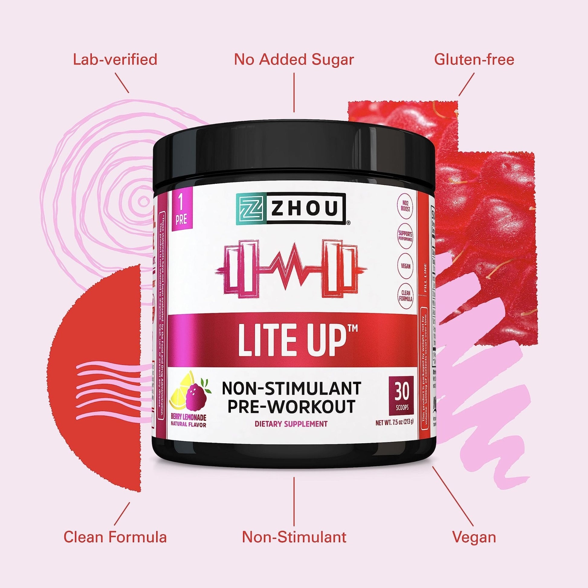 Zhou Nutrition Lite Up, Non-Stimulant Pre Workout Powder, Caffeine Free Nitric Oxide - Maple Wellness Supplements