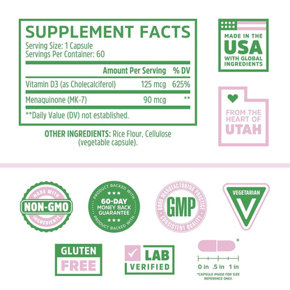 Zhou Nutrition Vitamin D3 K2, Bone and Heart Health Formula 5000 IU Vitamin D3 & 90 mcg - Maple Wellness Supplements