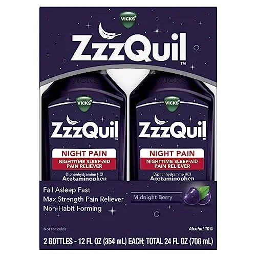 ZzzQuil Liquid, Max Strength Pain Reliever, Nighttime Sleep Aid Liquid, Acetaminophen 1000mg, Diphenhydramine 50mg HCI, Non-Habit Forming, Midnight Berry Flavored, 2 Pack, 24 FL OZ - Maple Wellness Supplements