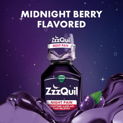 ZzzQuil Liquid, Max Strength Pain Reliever, Nighttime Sleep Aid Liquid, Acetaminophen 1000mg, Diphenhydramine 50mg HCI, Non-Habit Forming, Midnight Berry Flavored, 2 Pack, 24 FL OZ - Maple Wellness Supplements